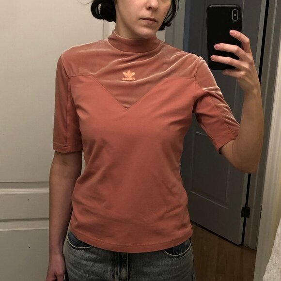 Adidas Mock Neck Salmon Pink Velvet Top Medium - Picture 4 of 14